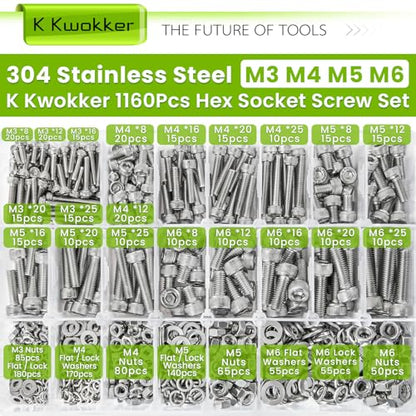 M3 M4 M5 M6 Hex Socket Bolt & Nut Assortment Kit, 1160Pcs | Waterproof Anti-rust 304 Stainless Steel; 20 Size 8–25mm Metric Screws with Lock Washers for 3D Printing DIY Machinery Repair - size: H. M3 M4 M5 M6