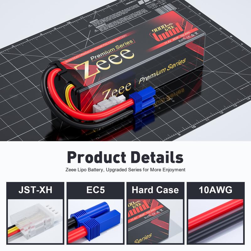Zeee Premium Series 3S Lipo Battery 9000mAh 11.4V High Voltage Hard Case Battery 120C EC5 Connector HV-Lipo for RC Vehicles RC Car Truck Tank Racing Hobby Models (2 Pack)
