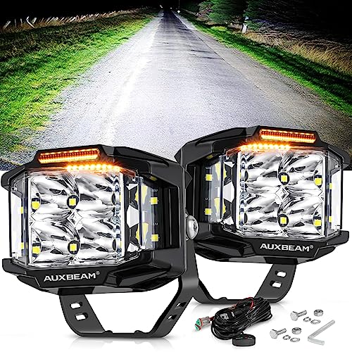Auxbeam V-MAX Series 4'' 92W Cube LED Pod 270° Side Shooter Offroad Light | Spot Flood Combo Light Pod with DRL, 92W 8960LM,3 Lighting Modes, Amber Covers, 1Lux@476m, Auxiliary Ditch Light, Easy To Use - color: 4in Cube LED Pod