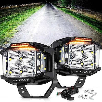 Auxbeam V-MAX Series 4'' 92W Cube LED Pod 270° Side Shooter Offroad Light | Spot Flood Combo Light Pod with DRL, 92W 8960LM,3 Lighting Modes, Amber Covers, 1Lux@476m, Auxiliary Ditch Light, Easy To Use - color: 4in Cube LED Pod
