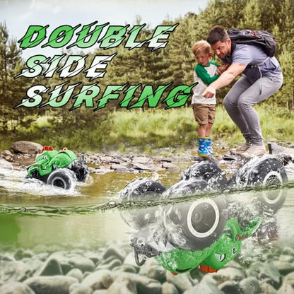 Amphibious Remote Control Car, 1:20 Waterproof Dinosaur Monster Trucks for Boys Age 4-7, 2.4GHz All Terrain RC Cars with 2 Batteries, 360° Rotating Stunt RC Car Toy Birthday Gift for Kids 3-5 - color: Kelly Dinosaur Truck