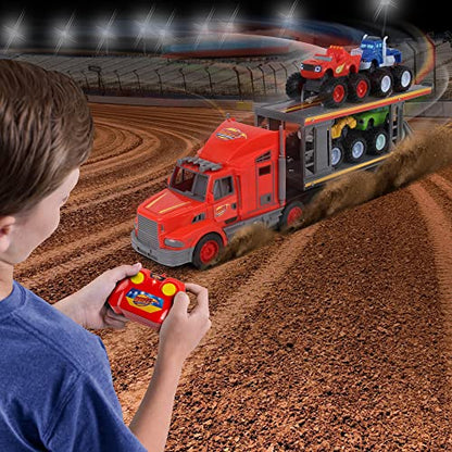 NKOK Blaze and the Monster Machines RC Transporter - 2.4 GHz, Ages 6+ | Includes Blaze, Pickle, Crusher & Stripes figures - full function remote control - officially licensed Nickelodeon toy