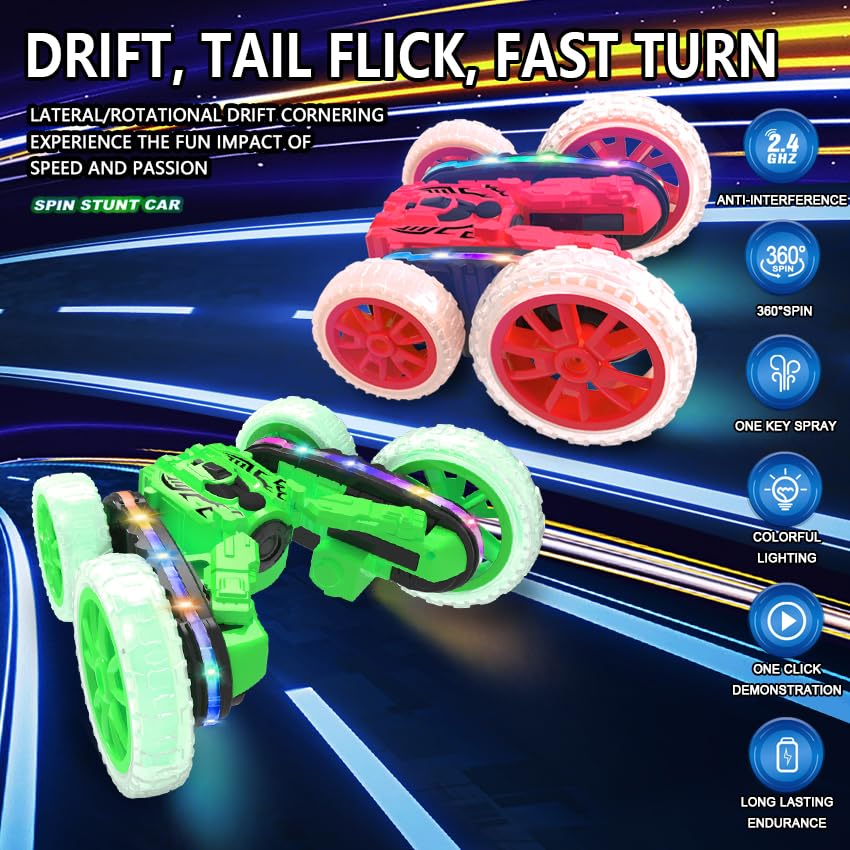 Rc Stunt Cars, Remote Control Cars with Sides Light Strip & 360° Flips Rotating Spray, Double Sided 2.4Ghz All Terrain Toy for Kids Ages 6-12 Year Old Gift (red) - color: Red