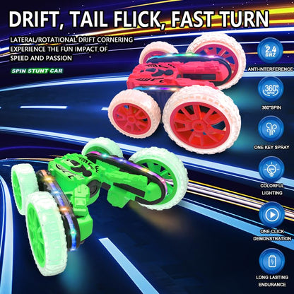 Rc Stunt Cars, Remote Control Cars with Sides Light Strip & 360° Flips Rotating Spray, Double Sided 2.4Ghz All Terrain Toy for Kids Ages 6-12 Year Old Gift (red) - color: Red