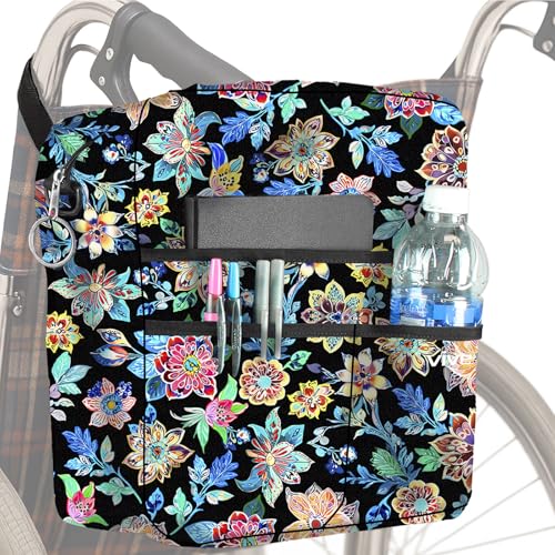 Vive Wheelchair Bag - Machine Washable, Double-Stitched, Water-Resistant Accessory Backpack for Rollators, Wheel Chairs, Walkers - Pouch with XL Pockets & Straps for Quick Installation (Black Floral) - color: Black Floral