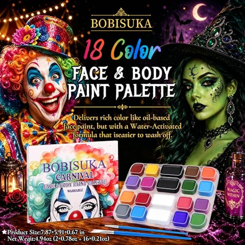 BOBISUKA 18 Color Water-Activated Cream Face Paint Palette, Washable Face & Body Painting Kit with Extra Black & White Pans and Brushes for Halloween, Cosplay, Carnival, SFX & Costume Makeup