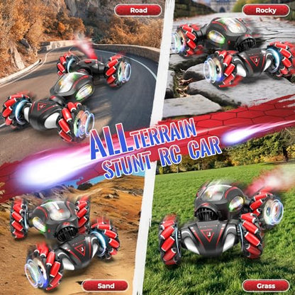 Fosgoit Gesture Sensing RC Stunt Car Toys for 6-12 Boys Girls | Birthday Gifts for Kids 2.4Ghz 4WD Hand Controlled RC Car with Light & Music & Spray, Double-Sided 360° Rotating - color: Black Red