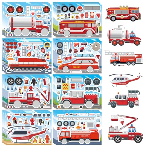 Truck Stickers, Make a face Sticker, Make Your Own Fire Truck Stickers | 24 Sheets, with 8 Designs Fire Themed Truck for Kindergarten Birthday Gift Classroom Fire Party Favors - style: Fire Truck