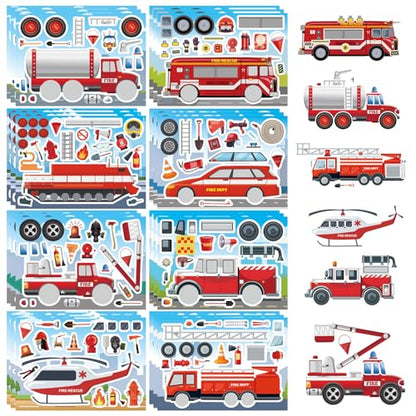 Truck Stickers, Make a face Sticker, Make Your Own Fire Truck Stickers | 24 Sheets, with 8 Designs Fire Themed Truck for Kindergarten Birthday Gift Classroom Fire Party Favors - style: Fire Truck