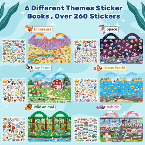 Elfew 6Pack Reusable Sticker Books for Toddlers 2-4 3-5 | 3D Puffy Stickers, 6 Themes, Waterproof, Mess-Free Sticker Activity Book, Travel Toys Birthday Gifts for Boys Girls - color: 3d Reusable Sticker Books