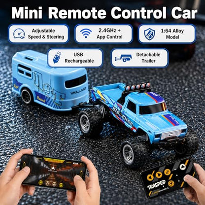 1:64 Scale Mini Remote Control Monster Truck with Trailer | 2.4GHz & App Dual Control, Alloy Mini RC Car with LED Lights, Portable Pocket Toy Car for Kids & Adults, Gift for Boys (Blue-b) - color: Blue-b