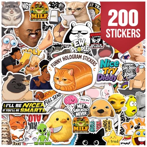 Premium 200Pcs Funny Holographic Stickers Waterproof Vinyl Decals | 200 Unique Designs Holographic Stickers With Funny Quotes, Playful Illustrations, Memes, And Eye-Catching Reflective Designs. - color: Funny Holographic Stickers, size: 200 Pcs