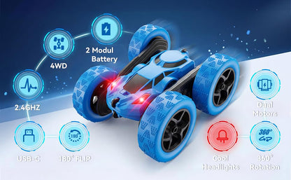 Remote Control Stunt Car 4WD, Double-Sided 360°; Flip RC Car, LED Light Bar, USB-C Rechargeable Battery, 2.4GHz Outdoor Toy