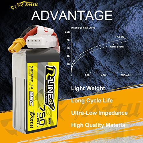 TATTU R-Line 3S Lipo Battery Pack 750mAh 11.1V 95C with XT30 Plug for FPV Racing Quadcopter from Size 100 to 180