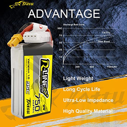 TATTU R-Line 3S Lipo Battery Pack 750mAh 11.1V 95C with XT30 Plug for FPV Racing Quadcopter from Size 100 to 180