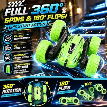 Titorot RC Stunt Car –Green | 360° stunt flips, double-sided driving, LED lights, rechargeable battery, 2.4GHz anti-interference, all-terrain wheels, 4-8 - color: Green+extra 4 Yellow Wheels