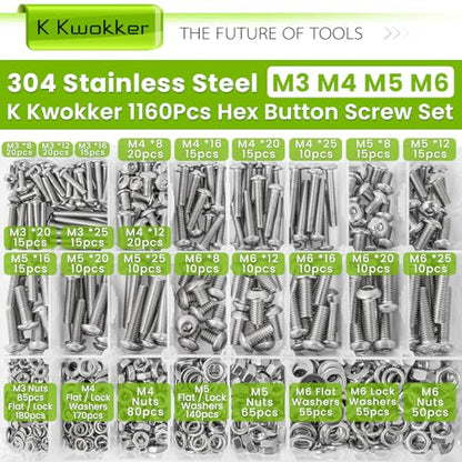 M3 M4 M5 M6 Nuts and Bolts Assortment Kit 20 Size 8MM to 25MM 304 Stainless Steel Hex Button Head Cap Metric Machine Screws, 1160Pcs Silver Bolts and Nuts Kit with Lock Washers for Screws - size: J. M3 M4 M5 M6