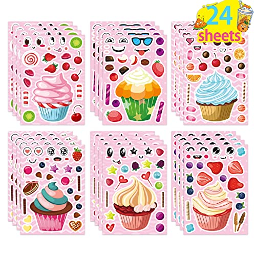 24 Sheets Make-a-face Cupcake Stickers Make Your Own Dessert Stickers | Mix and Match Sweets and Fruit Treats Party Favor Supplies for Kids Ice Cream Sticker Games Birthday DIY Art Crafts - style: Cupcake