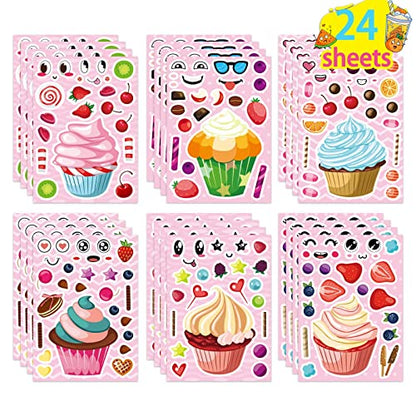 24 Sheets Make-a-face Cupcake Stickers Make Your Own Dessert Stickers | Mix and Match Sweets and Fruit Treats Party Favor Supplies for Kids Ice Cream Sticker Games Birthday DIY Art Crafts - style: Cupcake