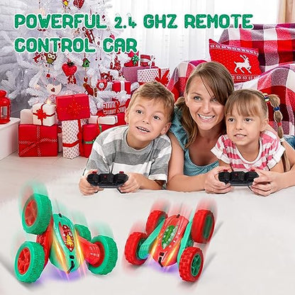 2Pcs Christmas Style RC Stunt Car for Kids,2.4Ghz High Speed Rock Crawler Vehicle,360 Rotating 4WD Off Road Double Sided Rotating Tumbling with 4 Rechargeable Battery，Red+Green