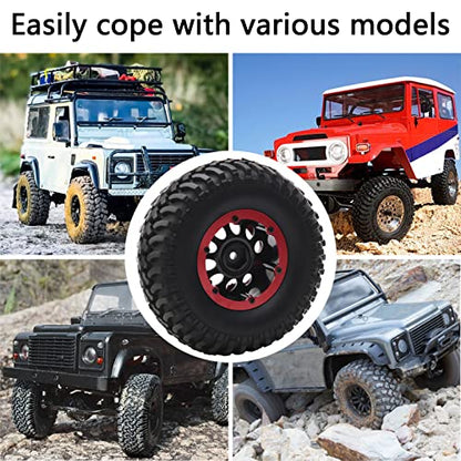 4-Pack 1.9 Inch Tires and Wheel Rims OD 100mm Off Road Rubber Tyre & Plastic 10-Holes Beadlock Rim 12mm Hex Hub for 1/10 RC Crawler Truck, Red