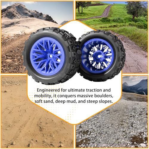 Pre-Glued 1/16 & 1/18 RC Monster Truck Rubber Tire & Nylon Wheel - 12mm Hex | Rubber Tires with Foam Fits for ARRMA 1/18 Granite/Typhon Grom, WLtoys A949, MJX Hyper Go H16 (4PCS, Blue) - color: Blue