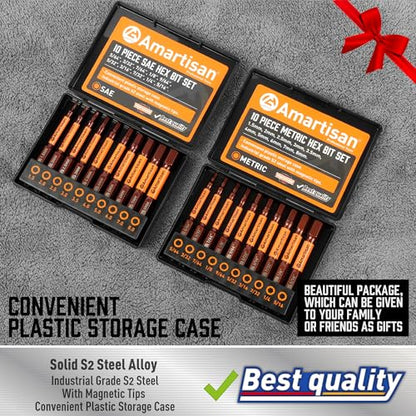 Amartisan 20-Piece Allen Wrench Drill Bit Set | Hex Head Allen Wrench Drill Bit Set, Metric and SAE S2 Steel Hex Bits Set, Magnetic Tips, 2.3" Long With Storage box. - style: 20-Piece Hex Bit Set