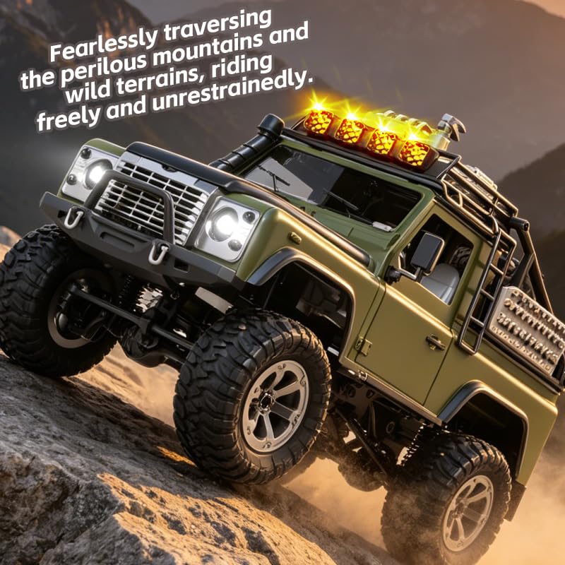KF90 1/12 Scale 4WD RC Rock Crawler, All-Terrain Off-Road Truck with 2.4GHz Full Proportional Control, LED Lights, 7.4V 1200mAh, Waterproof RTR Hobby Grade RC Car for Adults, Green - color: Green