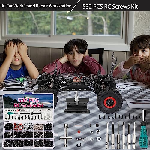 RC Car Repair Work Stand 532 PCS RC Repair Tool Screws Set Kit 360 Degree Rotation RC Repair Station Screwdrivers Screws Pallet Kit for 1/8 1/10 1/12 1/16 1/18 RC Crawler Truck Buggy Tool Set - color: Black