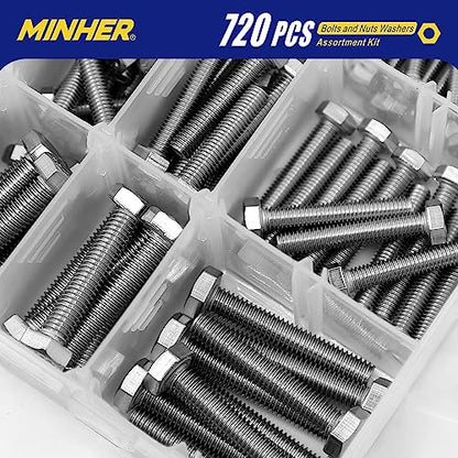 MINHER 720PCS M4 M5 M6 Bolts and Nuts Assortment Kit 304 Stainless Steel(18-8) Hex Screws Nuts & Washers, Includes 15 regular sizes