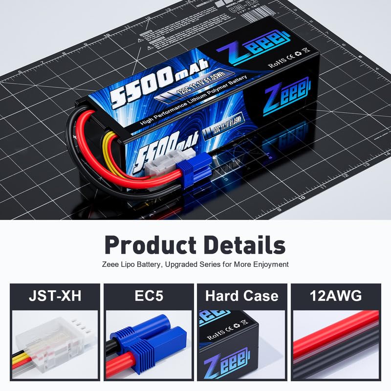 Zeee 3S Lipo Battery 5500mAh 11.1V 120C Hard Case RC Battery with EC5 Connector for RC Car 1/8 1/10 Scale Vehicles Tank Truck Boats Helicopter Racing Hobby (2 Pack)
