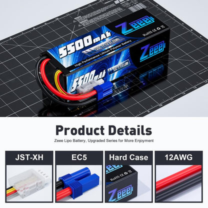 Zeee 3S Lipo Battery 5500mAh 11.1V 120C Hard Case RC Battery with EC5 Connector for RC Car 1/8 1/10 Scale Vehicles Tank Truck Boats Helicopter Racing Hobby (2 Pack)