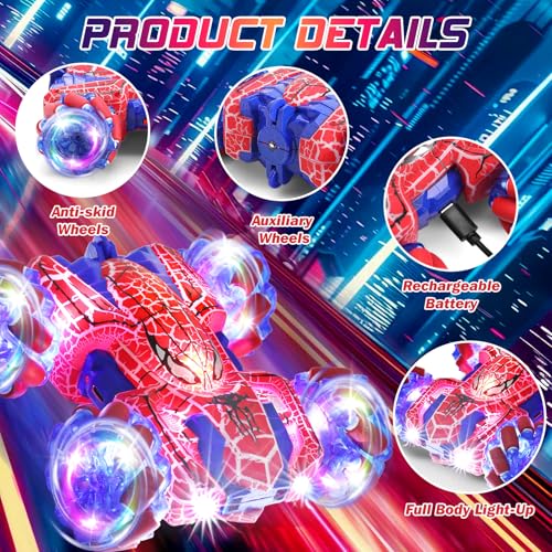Gesture Sensing RC Stunt Car 2.4GHz Wholebody Light Double Sided RC Cars | Rechargeable Remote Control Car with Headlight Indoor Outdoor Spider Toy Birthday Gift Kids Boys Ages 4 to 13 - color: Dual Control Red