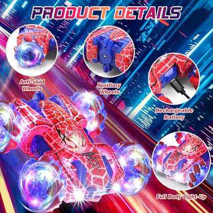 Gesture Sensing RC Stunt Car 2.4GHz Wholebody Light Double Sided RC Cars | Rechargeable Remote Control Car with Headlight Indoor Outdoor Spider Toy Birthday Gift Kids Boys Ages 4 to 13 - color: Dual Control Red