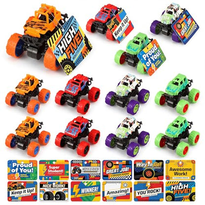 Skylety 12 Set Monster Truck Friction Powered Off-road Vehicle Set with Motivational Reward Cards Metal Chains Summer Incentive Gifts for End of the Year Early Learners Achievement Prizes Group