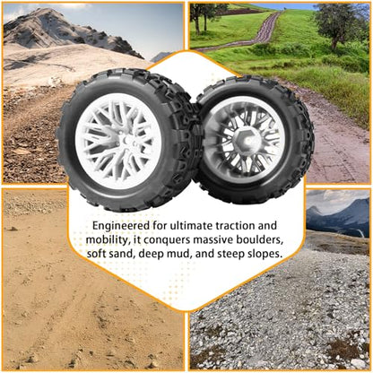 Pre-Glued 1/16 & 1/18 RC Monster Truck Rubber Tire & Nylon Wheel - 12mm Hex | Rubber Tires with Foam Fits for ARRMA 1/18 Granite/Typhon Grom, WLtoys A949, MJX Hyper Go H16 (4PCS, White) - color: White