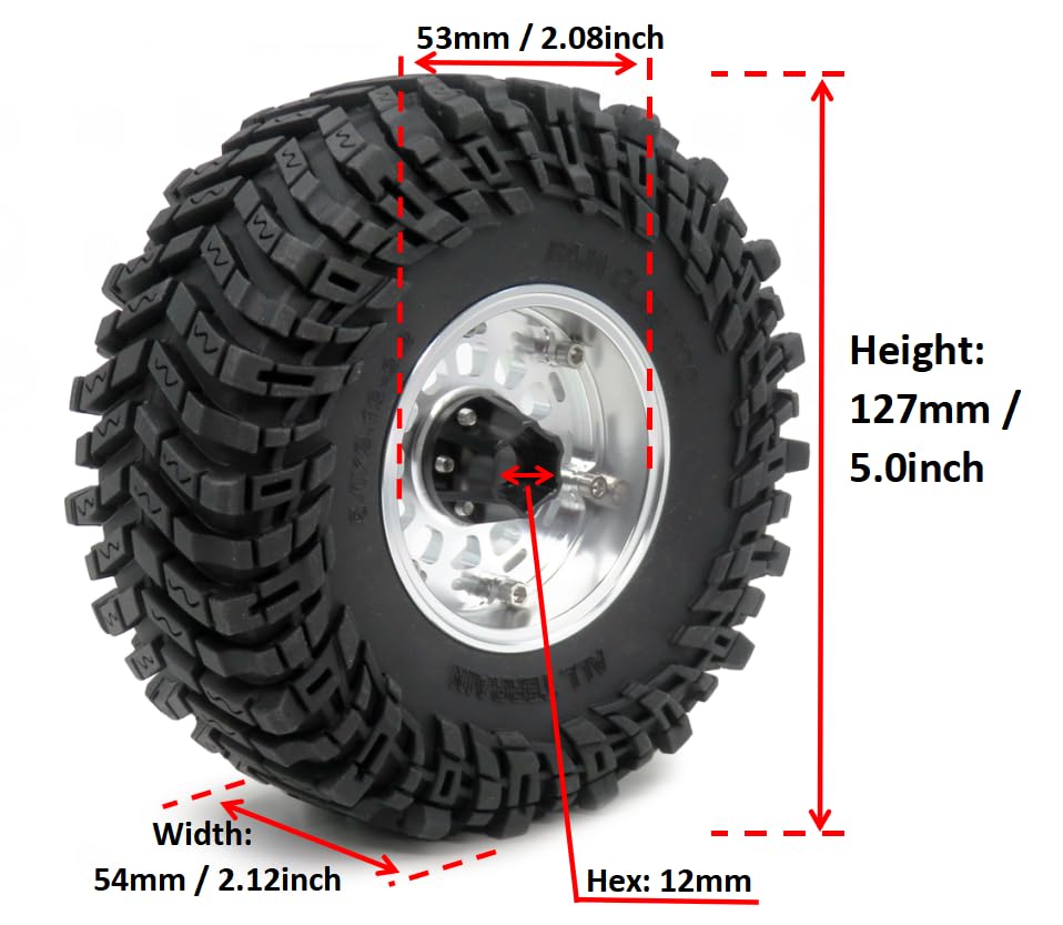 RC 2.2 Beadlock Wheels and Tires, Tall 5.0''/127mm Tires 2.2 Tyres & Adjustable Offset 2.2 Wheels Rims Silver for RC Mud Crawler Trail Gen8 Everest 10 Axial Capra Wraith, (4-Pack)