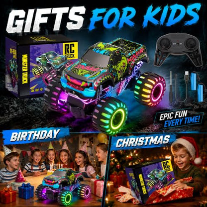 Remote Control Monster Truck Toys, RC Monster Trucks for Kids Ages 4-7-12 | 1:20 Scale, 2.4GHz RC Car Trucks with Lights, All Terrain, 2 Rechargeable Batteries, Christmas Birthday Gifts for Boys Girls