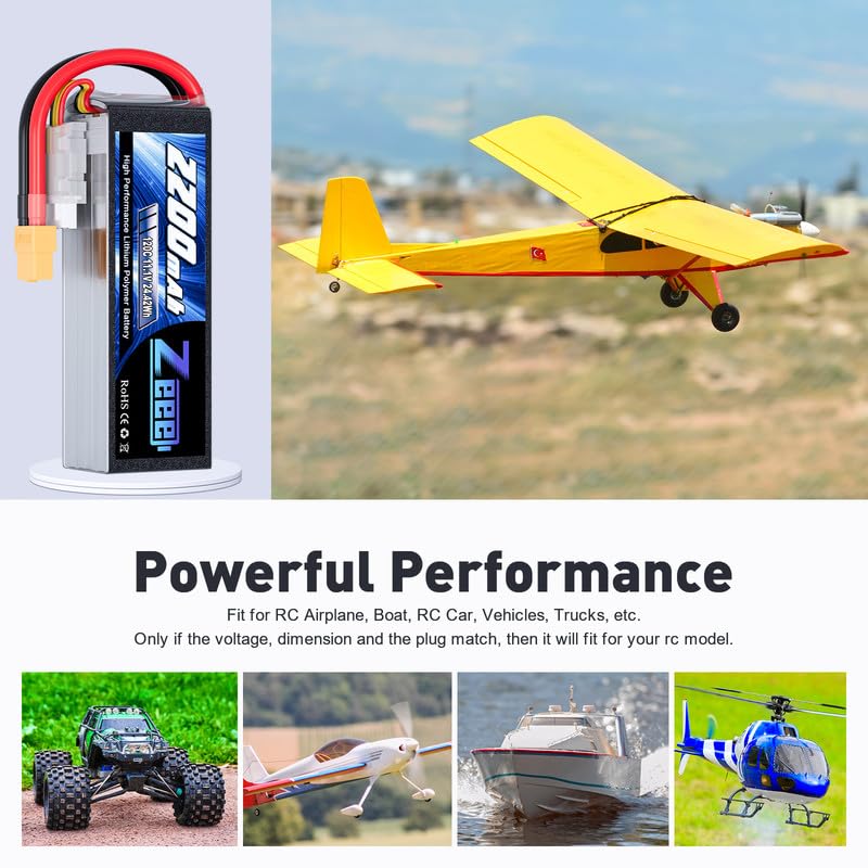 Zeee 3S 120C 2200mAh 11.1V Lipo Battery with XT60 Plug RC Graphene Lipo for FPV Drone Quadcopter Helicopter Airplane RC Boat RC Car RC Models(2 Pack)