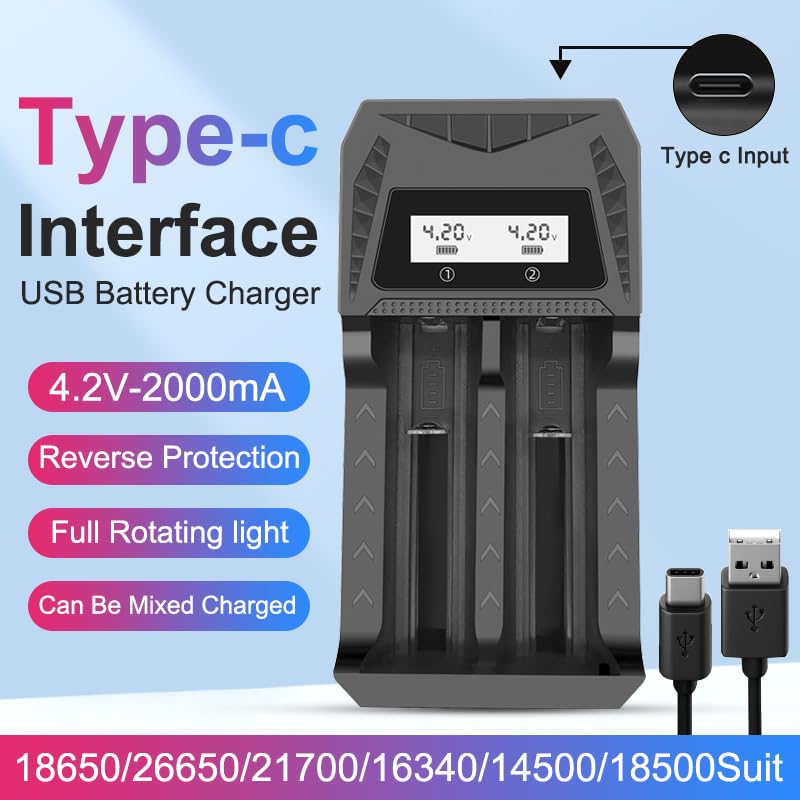 Smart LCD USB Charger, Compatible with 18650 4.2V Rechargeable Lithium Batteries, Supports 1/2/4 Slots, and Compatible with 1.2V NiMH AA/AAA Batteries，Rechargeable Lithium aa Batteries - color: 2 Slots
