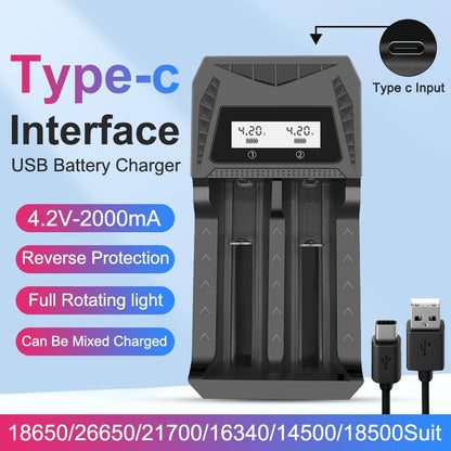 Smart LCD USB Charger, Compatible with 18650 4.2V Rechargeable Lithium Batteries, Supports 1/2/4 Slots, and Compatible with 1.2V NiMH AA/AAA Batteries，Rechargeable Lithium aa Batteries - color: 2 Slots
