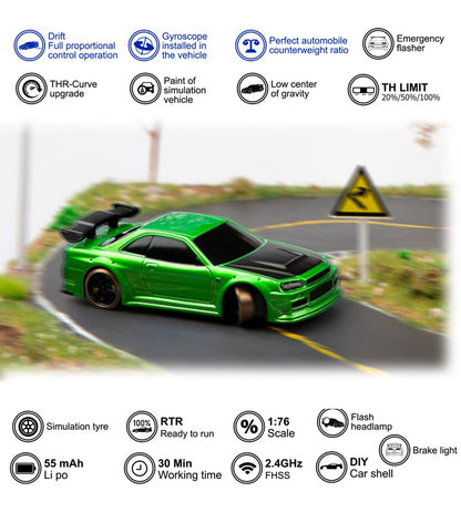 1:76 Turbo Racing Scale RC Sport Car, Table Racing Remote Control Mini Model Car Full Proportional RTR Kit Toys (C64-Green) - color: C64-green