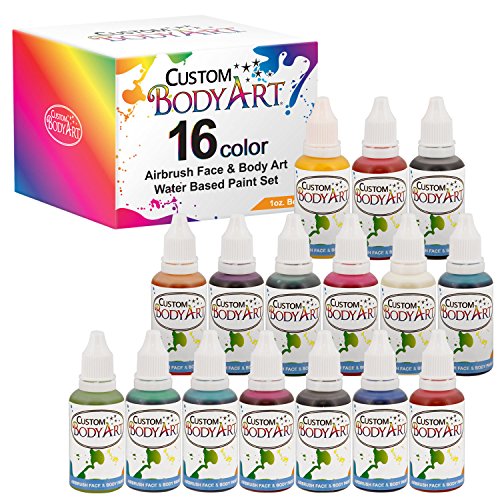 Custom Body Art Set of 16 Colors 1-oz Bottles of Water Based Face-Body Airbrush Colors - color: 16 Color Kit