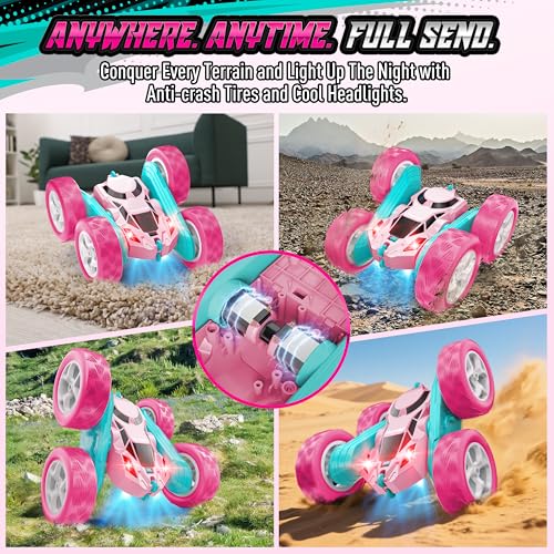 Hamdol Pink RC Car for Girls Age 6+, 360° Rotating Stunt Remote Control Vehicle with LED Lights, Upgraded 4WD USB-C Rechargeable Electric Toy, Perfect Birthday, Holiday - color: Pink, size: Pro (USB-C & Modular Battery)