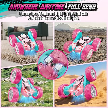Hamdol Pink RC Car for Girls Age 6+, 360° Rotating Stunt Remote Control Vehicle with LED Lights, Upgraded 4WD USB-C Rechargeable Electric Toy, Perfect Birthday, Holiday - color: Pink, size: Pro (USB-C & Modular Battery)