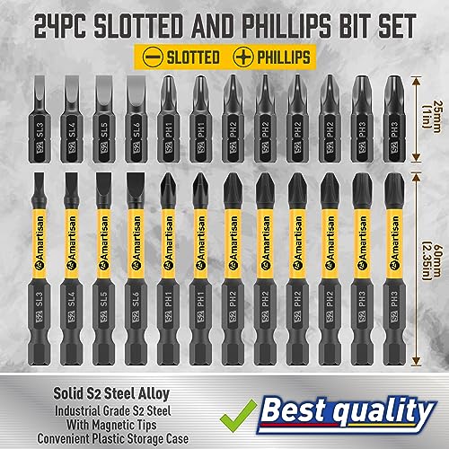 Amartisan 24-Piece Slotted Phillips Drill Bit Set, S2 Alloy Steel, Magnetic Tips, 2.3" Long With Storage box.Power Drill - Pro & DIY (24-Piece Bit Set (Slotted+Phillips)) - style: 24-Piece Bit Set (Slotted+Phillips)