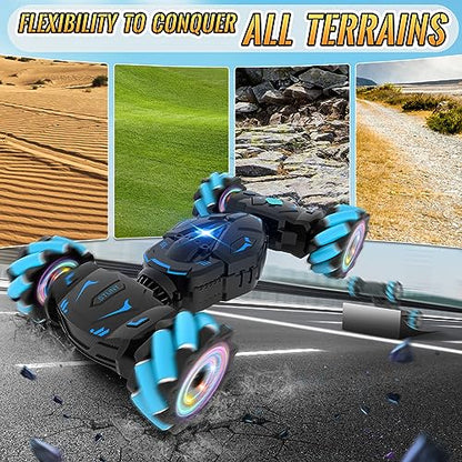 Pristar RC Cars Gesture Sensing Stunt Car, Best Gifts for Boys 6-12 | 2.4Ghz Remote Control Car Toys for Boys Age 6 7 8 9 10 11 12, Double Sided Flip 360° 4WD Off-Road with Spray Lights Music - color: Blue-black