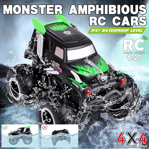 Amphibious Remote Control Cars, 1/20 Stunt RC Rock Crawler Monster Truck Toy with Two Alternative Rechargeable Batteries, All-Terrain 4WD Off-Road Vehicle Toys Gift for Kids Age 8-12 Green