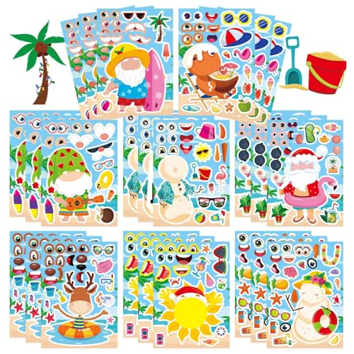 Hawaiian Tropical Summer Stickers for Kids, July Christmas Stickers | 24 PCS Make Your Own Mix and Match Sticker with Santa Claus, Reindeer, Gingerbread Man, Snowman, Summer Holiday Party Favor - style: July Christmas