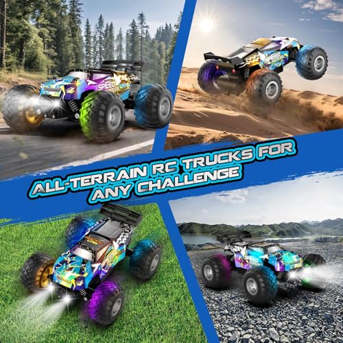Rcjoyou Remote Control Car, 2WD Off-Road Rc Truck, 20 KM/H All-Terrain RC Cars with Headlights & Body Lights, 2.4GHz, 2 Batteries, Remote Control Car for Boys 4-7 8-12, Gift Toys for Boys Girls